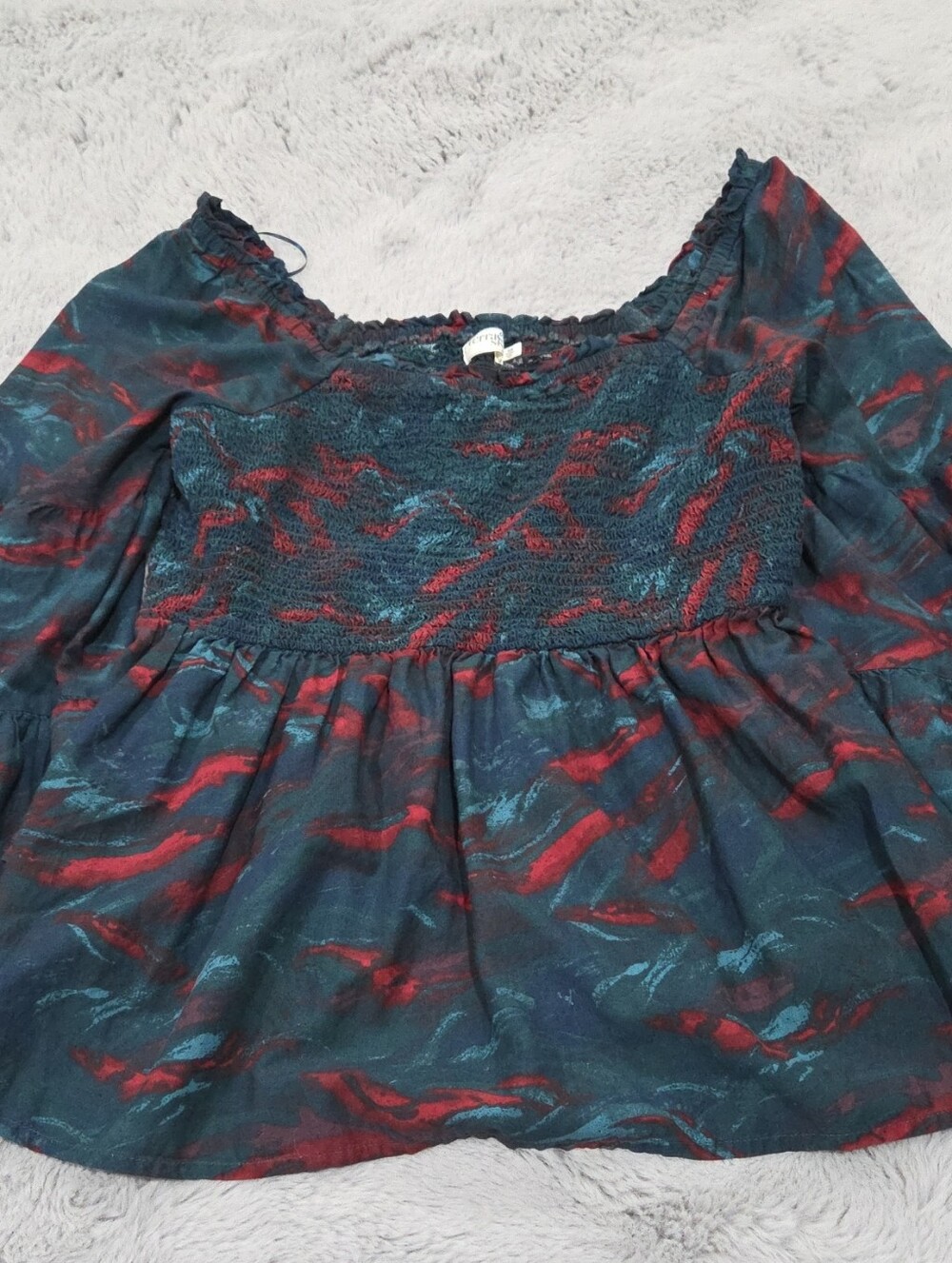 Terra And Sky Off-Shoulder Ruffled Dress in Teal and Red